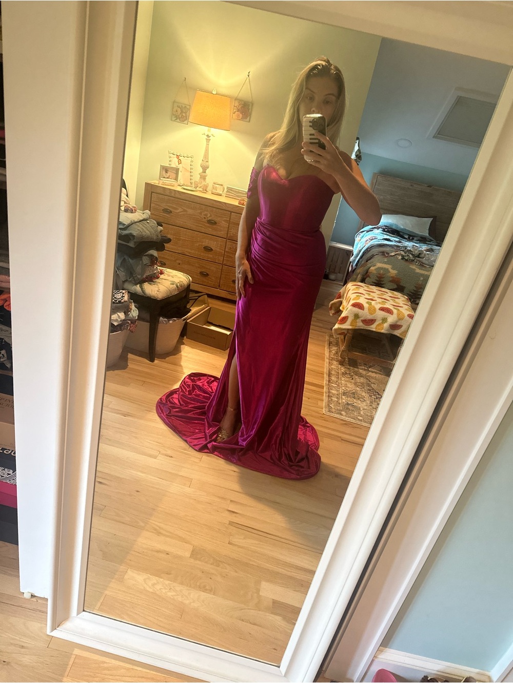 Lux Fuchsia Satin Strapless Evening Gown with train.